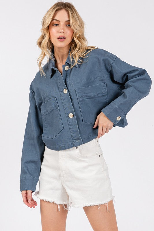 Big Button Cropped Denim Jacket