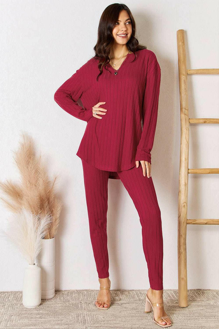 Notched Long Sleeve Top and Pants Set - Full Size - The Rogue Daisy