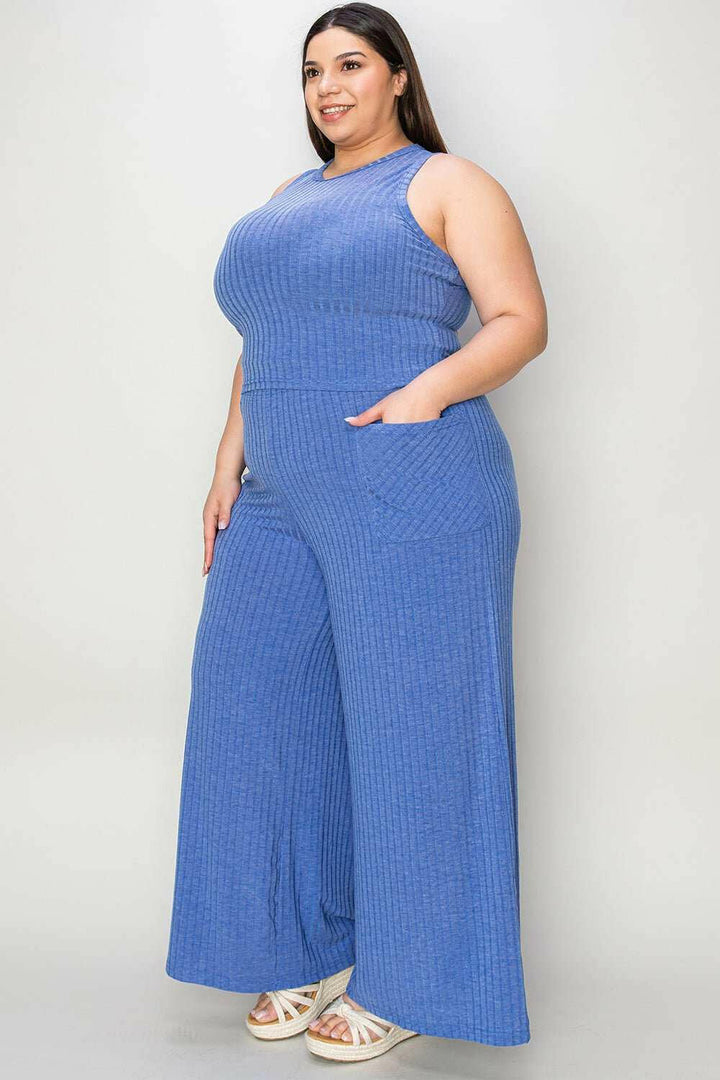 Ribbed Tank and Wide Leg Pants and Top Set - Full Size - The Rogue Daisy