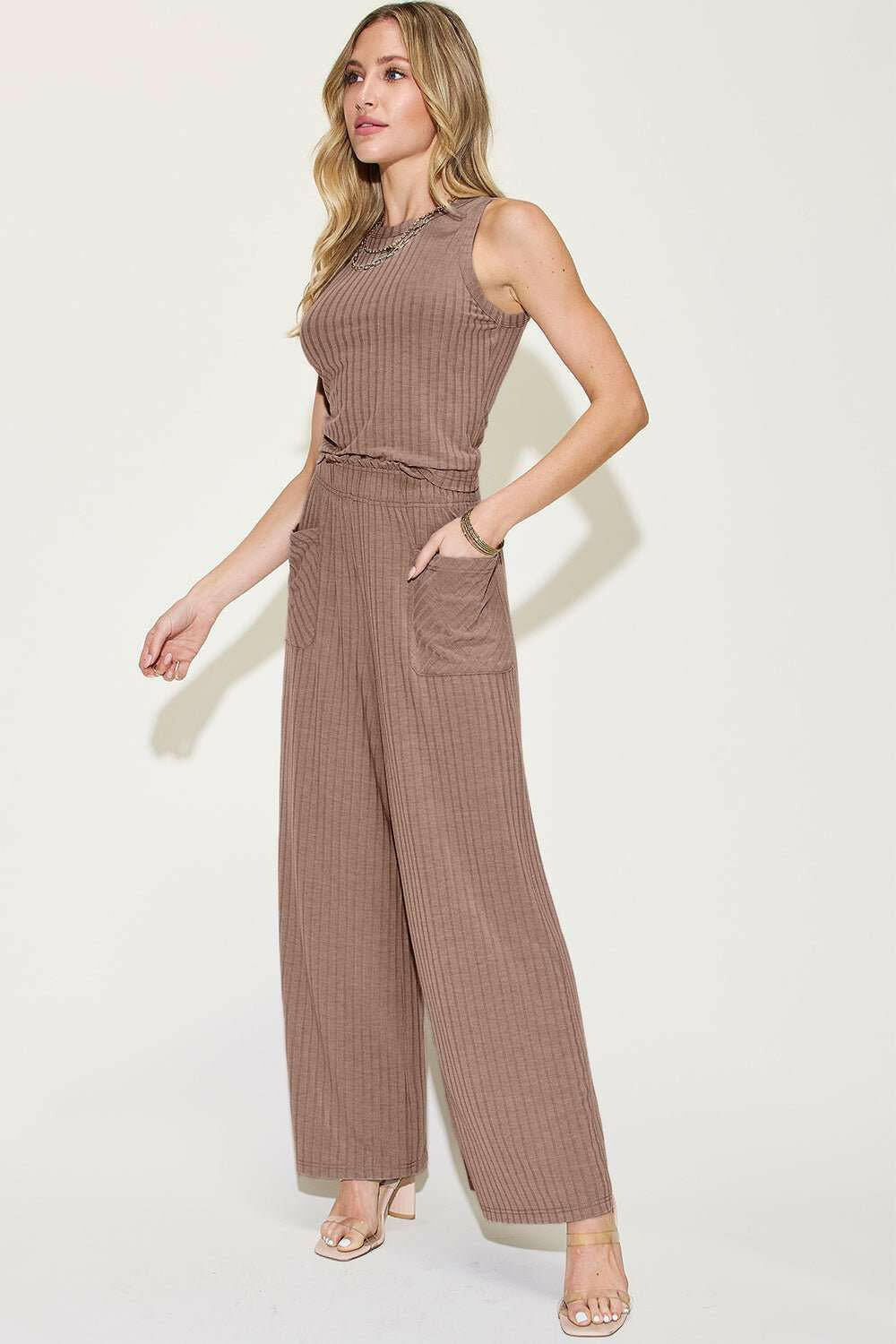 Ribbed Tank and Wide Leg Pants and Top Set - Full Size - The Rogue Daisy