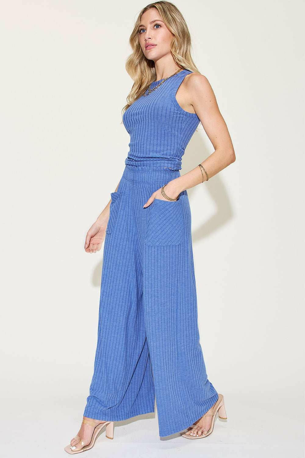 Ribbed Tank and Wide Leg Pants and Top Set - Full Size - The Rogue Daisy