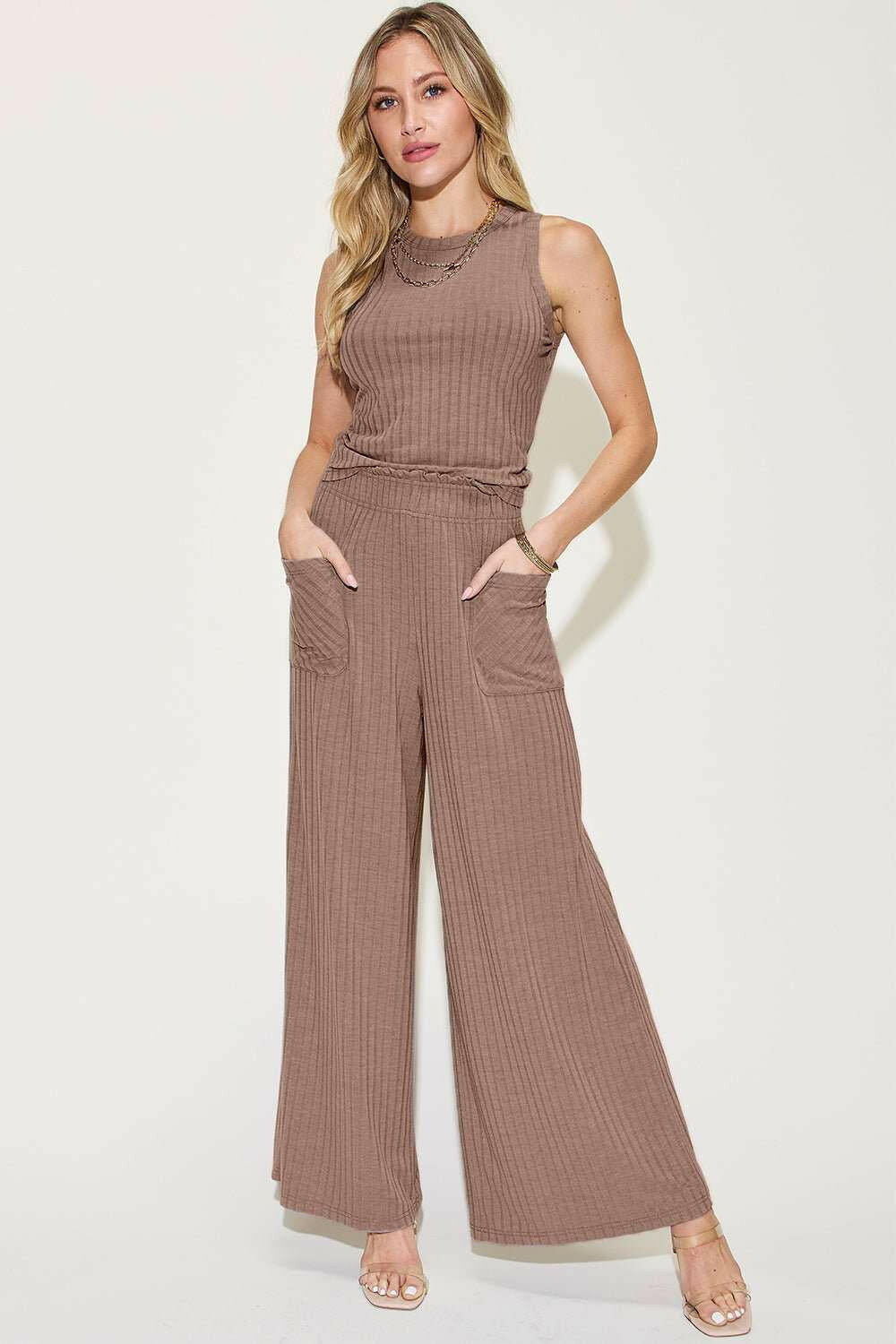 Ribbed Tank and Wide Leg Pants and Top Set - Full Size - The Rogue Daisy