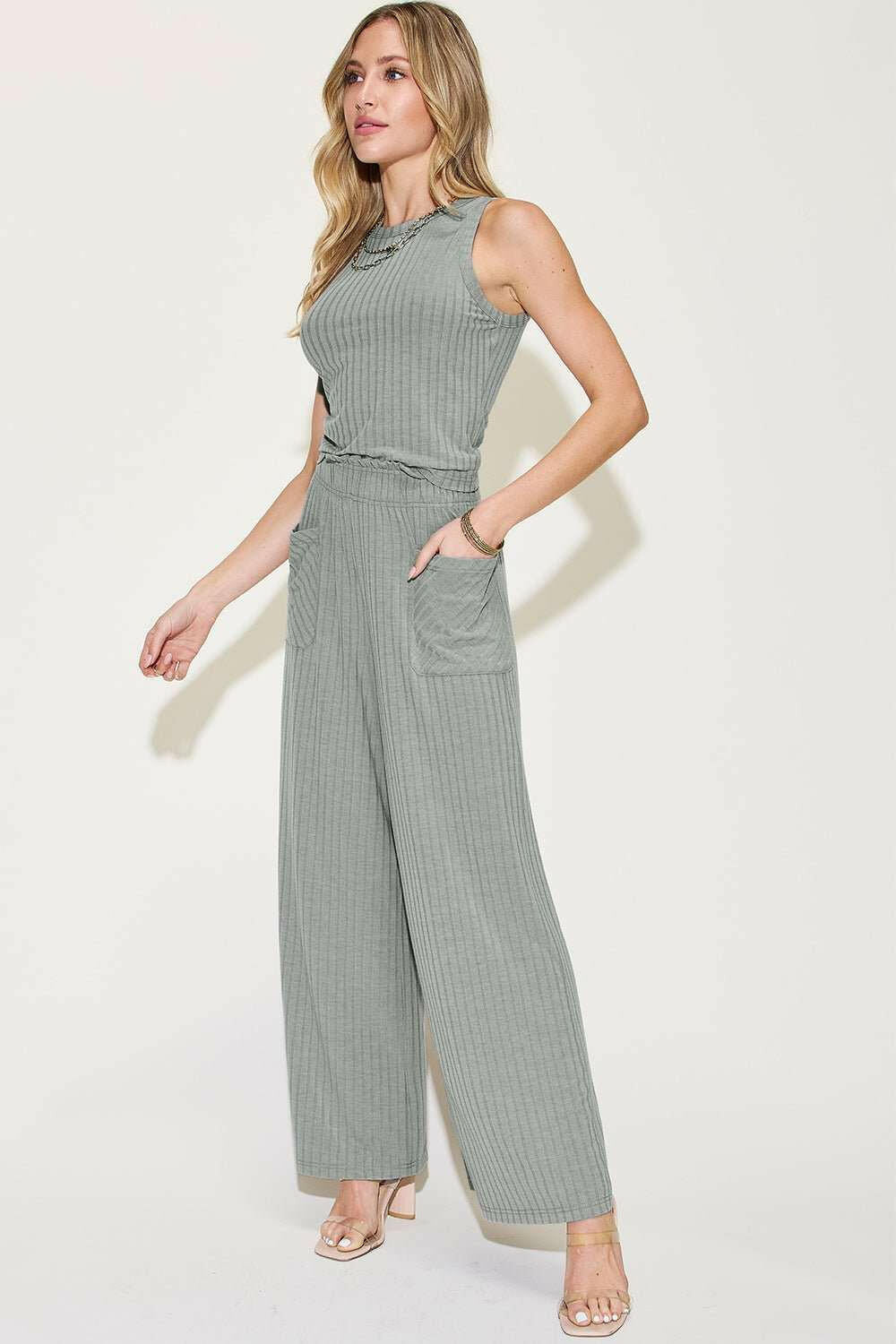 Ribbed Tank and Wide Leg Pants and Top Set - Full Size - The Rogue Daisy