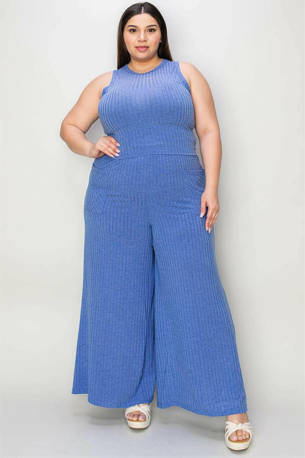 Ribbed Tank and Wide Leg Pants and Top Set - Full Size - The Rogue Daisy