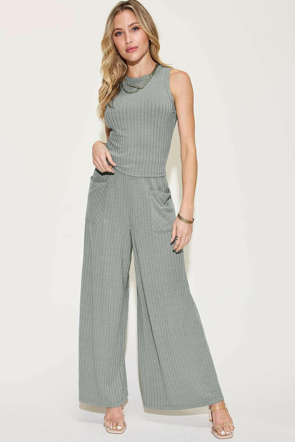 Ribbed Tank and Wide Leg Pants and Top Set - Full Size - The Rogue Daisy