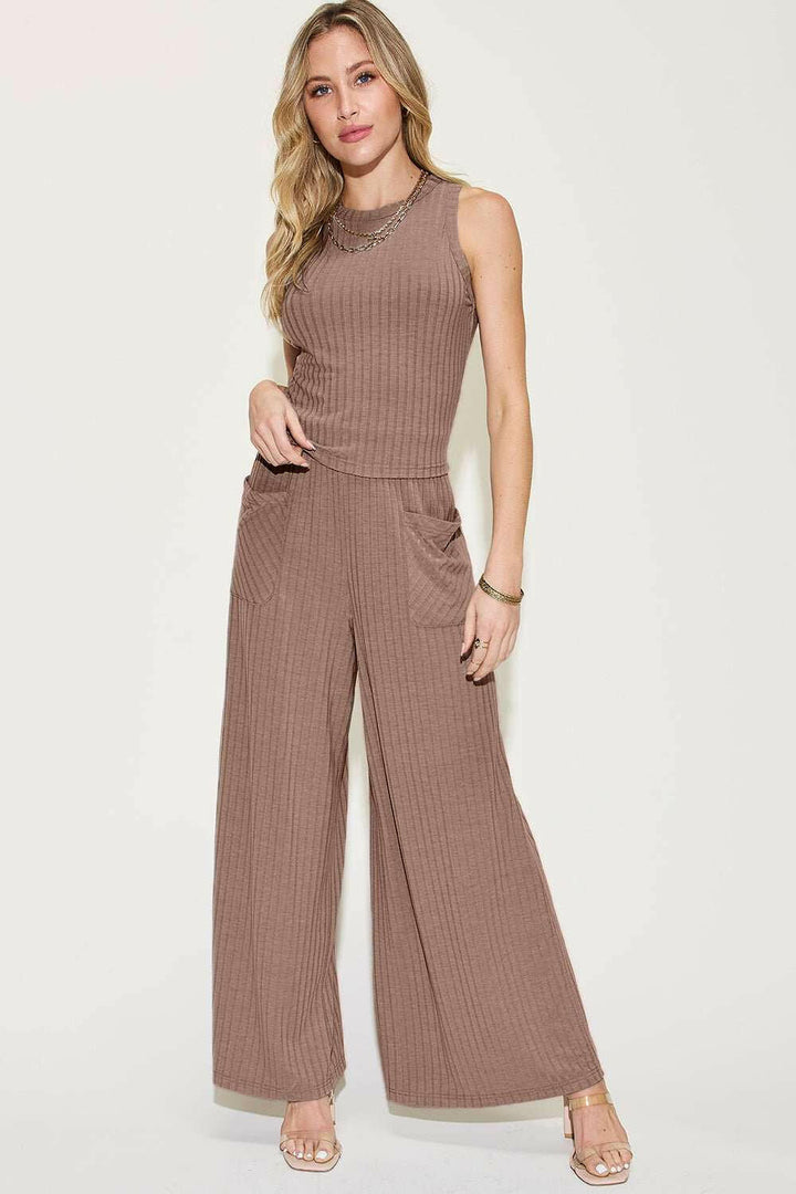 Ribbed Tank and Wide Leg Pants and Top Set - Full Size - The Rogue Daisy