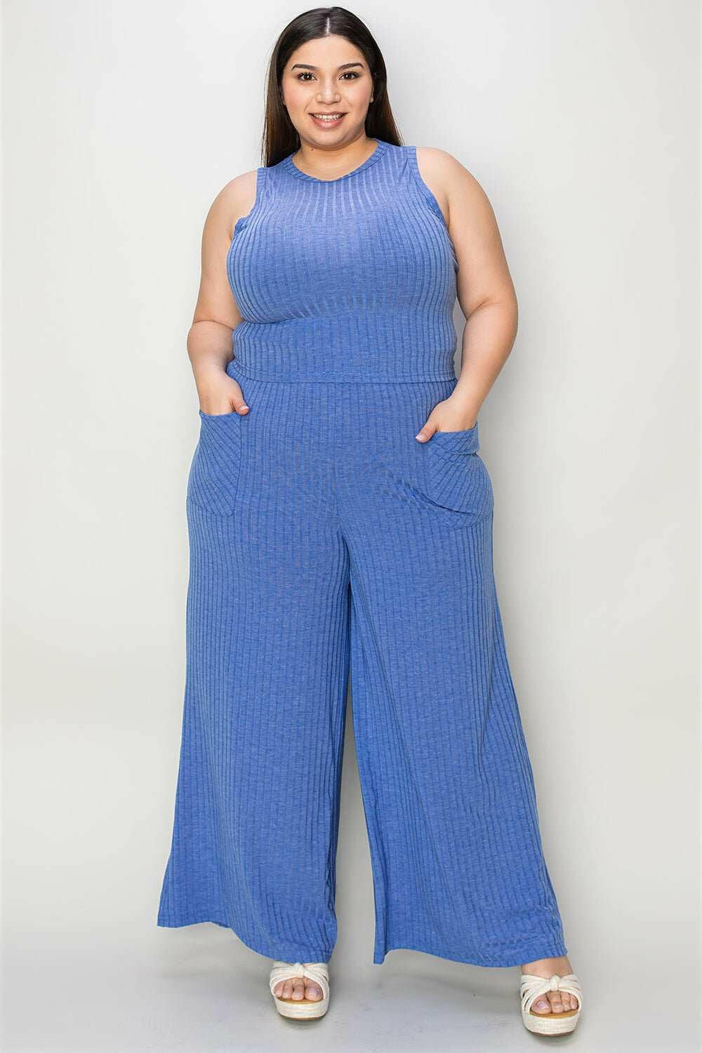 Ribbed Tank and Wide Leg Pants and Top Set - Full Size - The Rogue Daisy