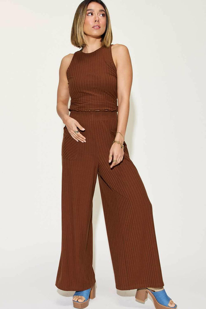 Ribbed Tank and Wide Leg Pants and Top Set - Full Size - The Rogue Daisy