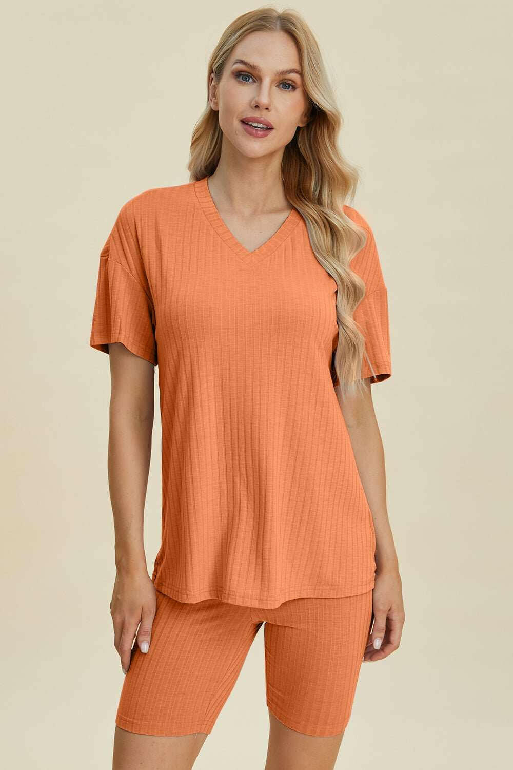 Basic Bae Ribbed V - Neck Short Sleeve Top and Shorts Set - Full Size - The Rogue Daisy