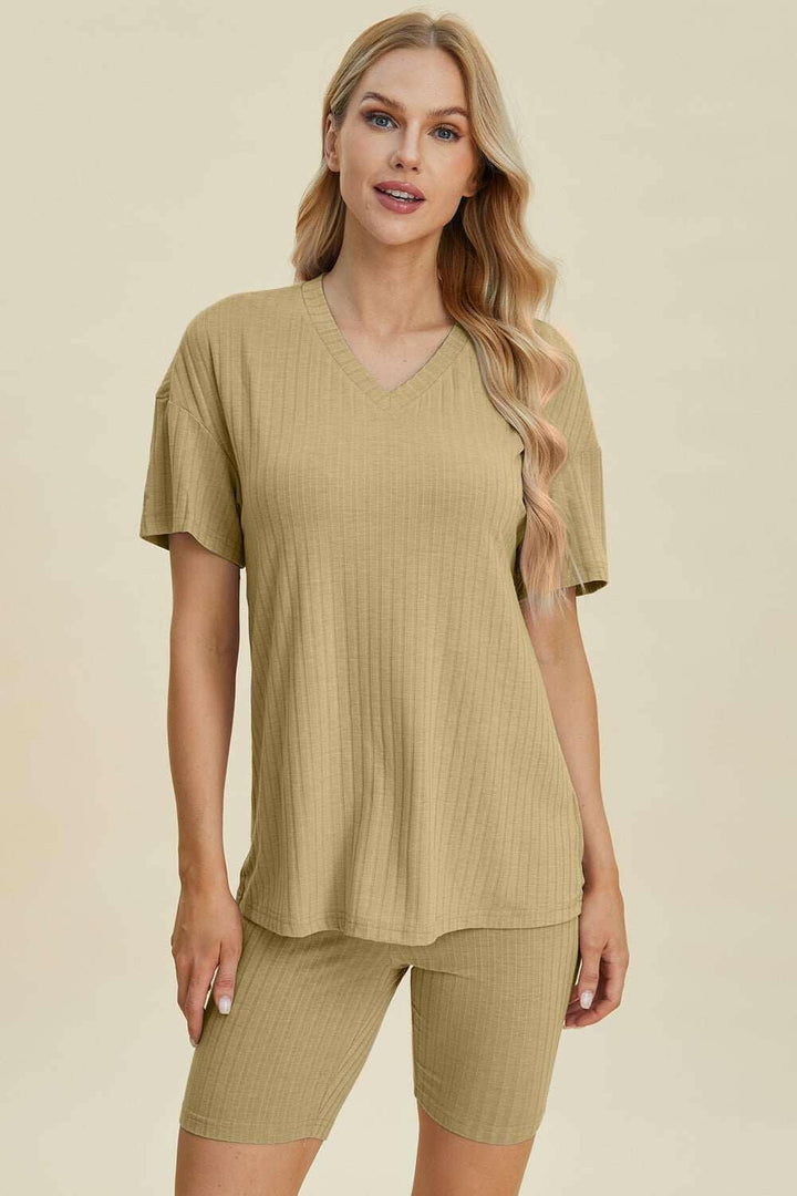 Basic Bae Ribbed V - Neck Short Sleeve Top and Shorts Set - Full Size - The Rogue Daisy