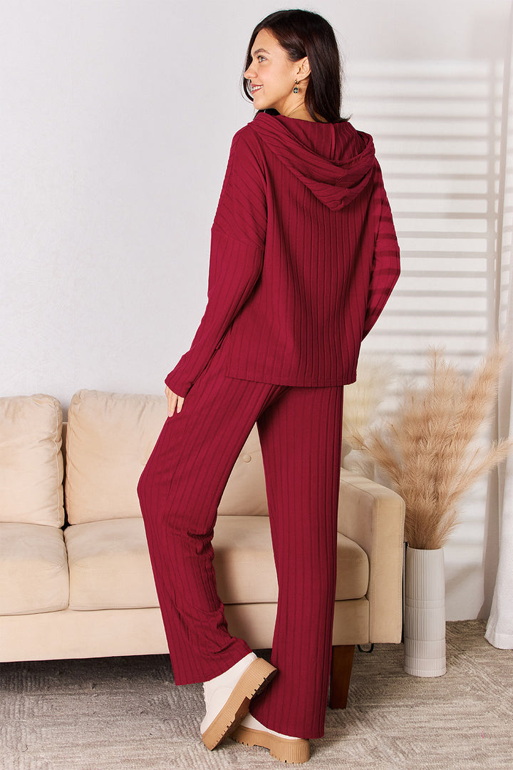 Ribbed Drawstring Hooded Top and Pants Set