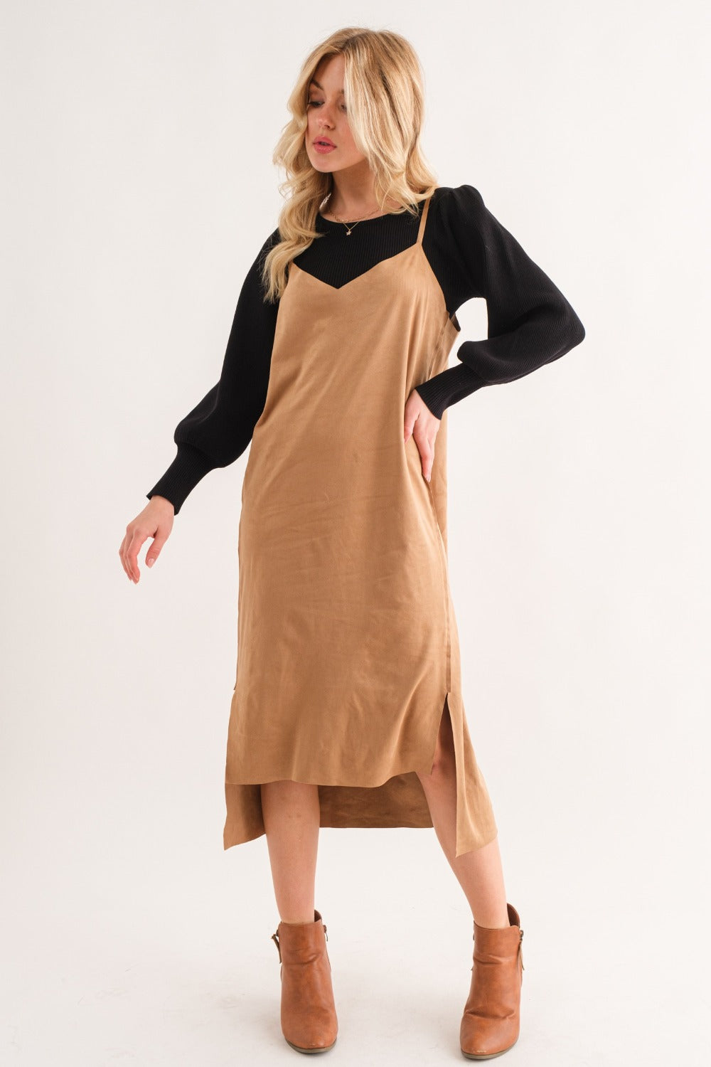 Faux Suede Cami Midi Dress