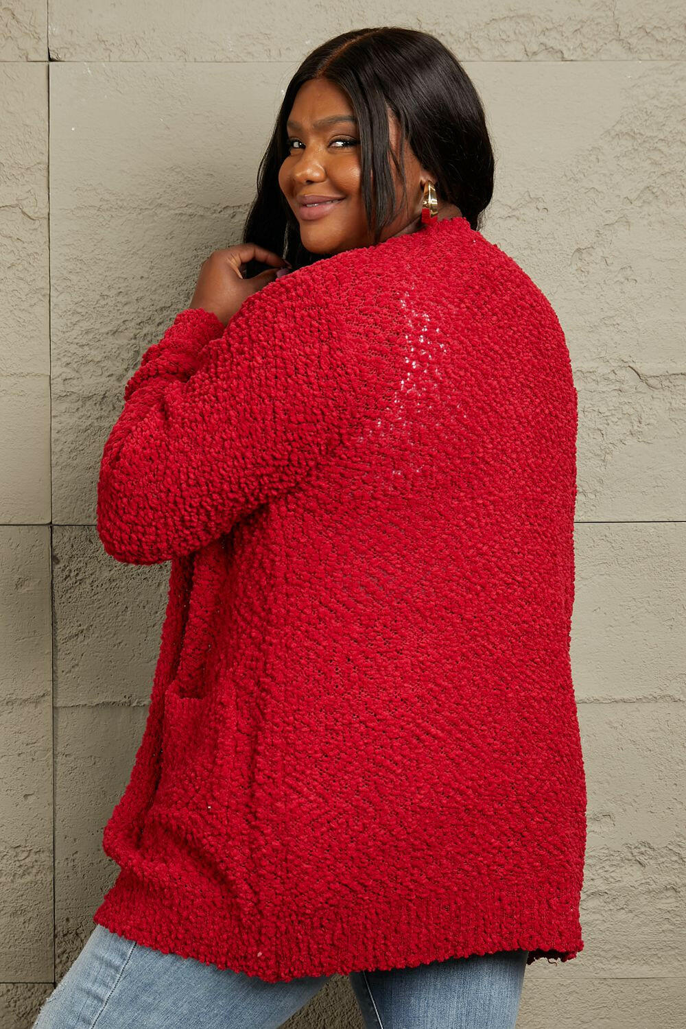 Full Size Open Front Popcorn Cardigan