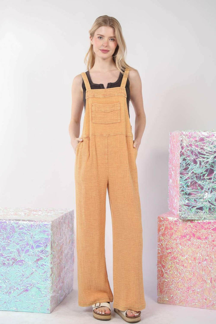 Texture Washed Wide Leg Overalls - Tangerine - The Rogue Daisy