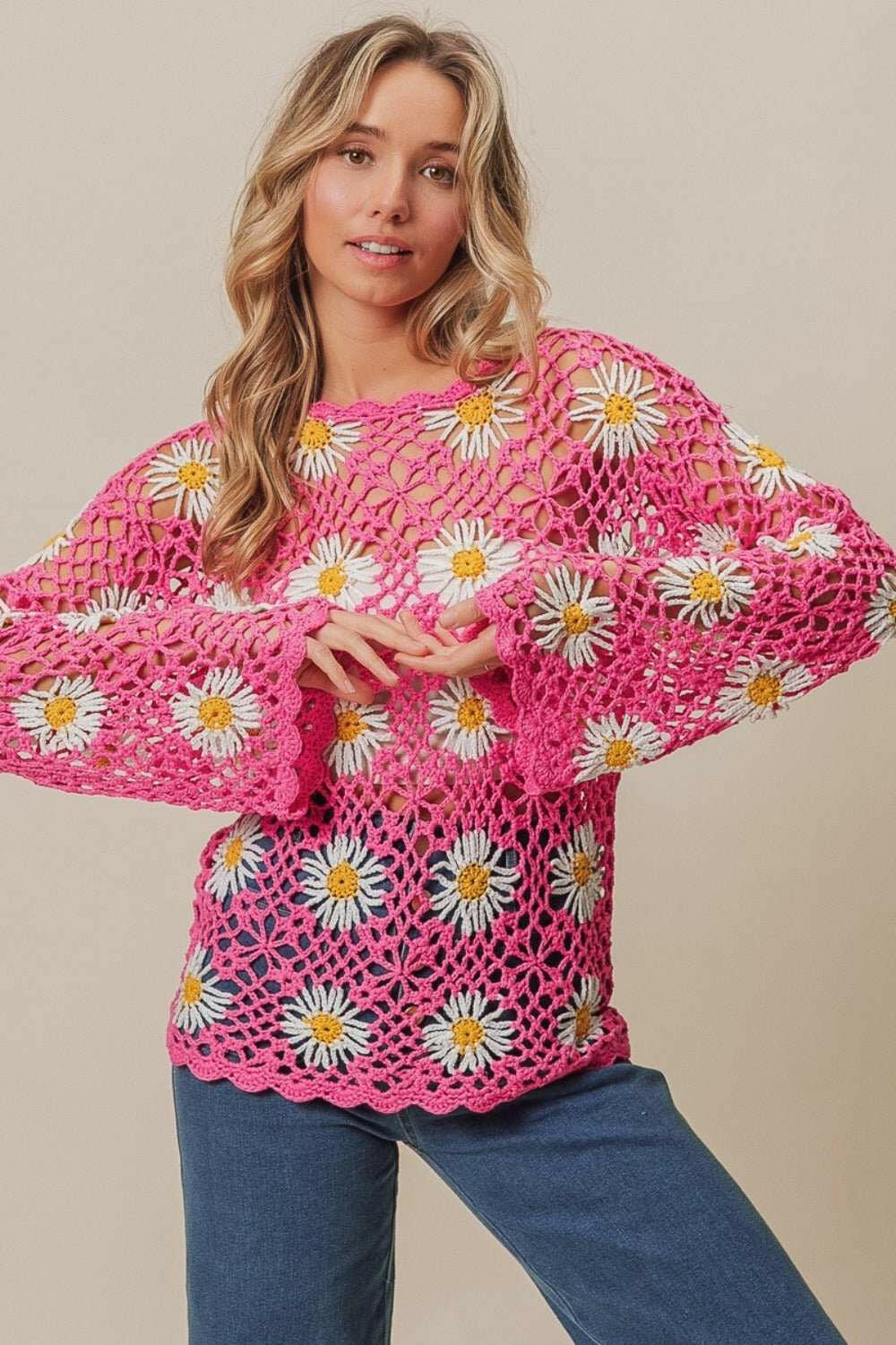 BiBi Floral Crochet Net Lace Sweater - The Rogue Daisy