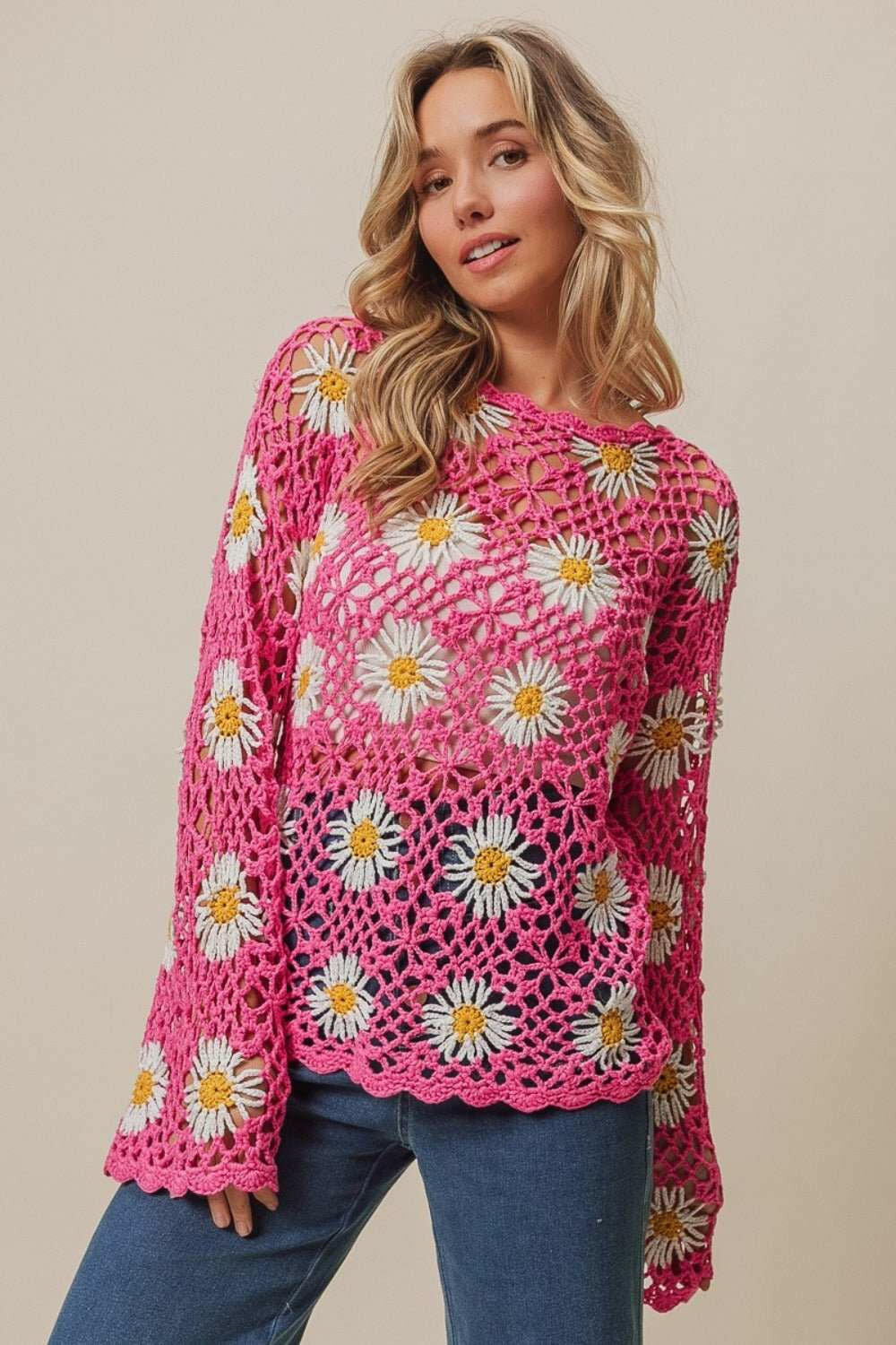 BiBi Floral Crochet Net Lace Sweater - The Rogue Daisy