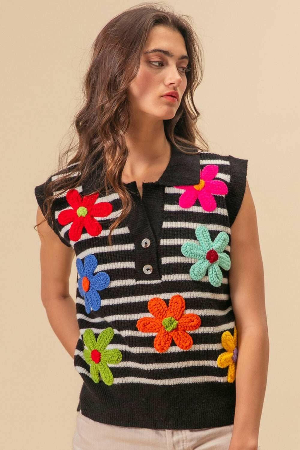 BiBi Flower Patch Striped Half Button Sweater Vest - The Rogue Daisy