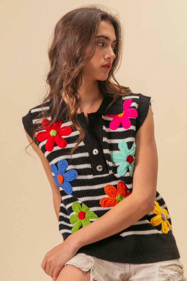 BiBi Flower Patch Striped Half Button Sweater Vest - The Rogue Daisy