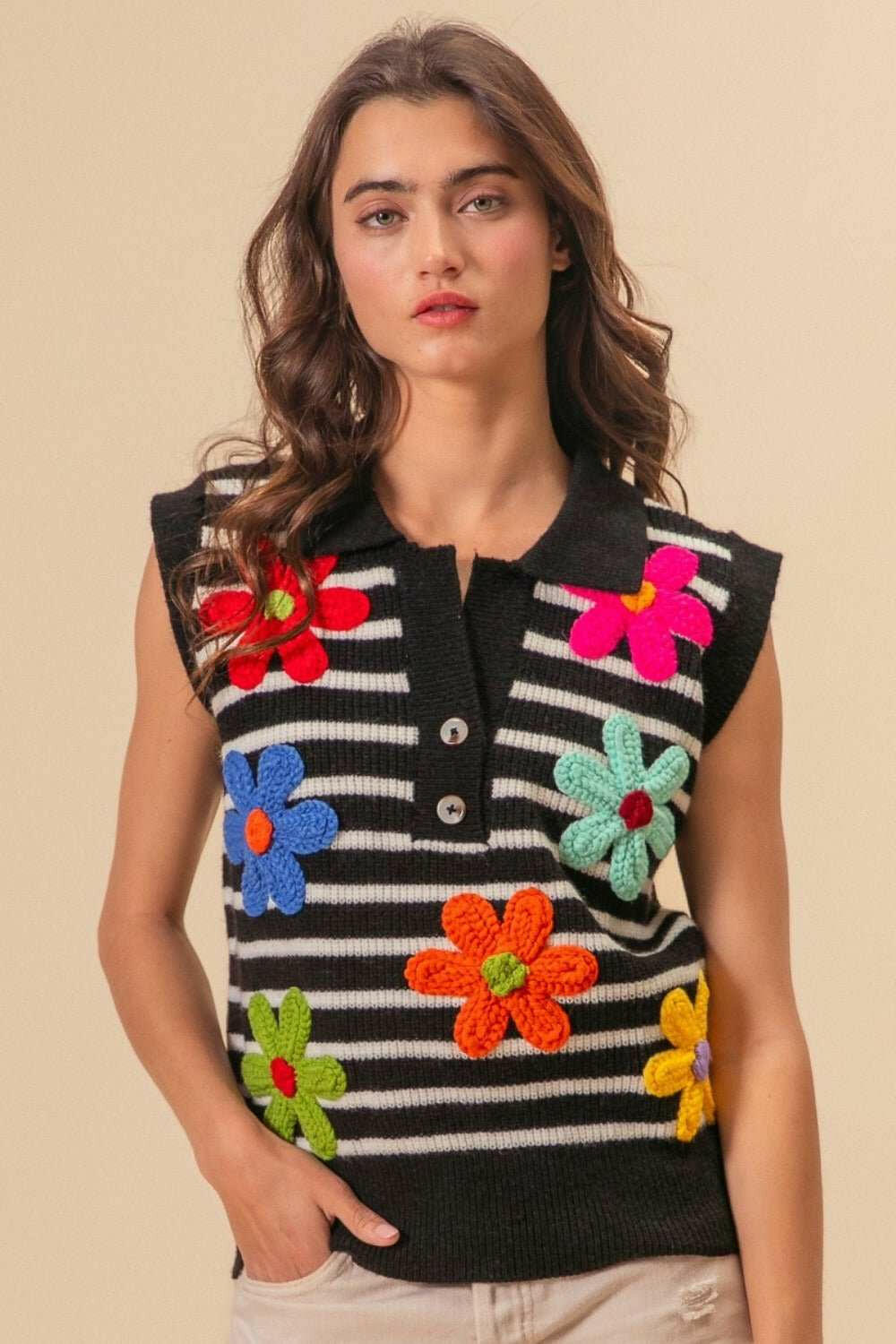 BiBi Flower Patch Striped Half Button Sweater Vest - The Rogue Daisy