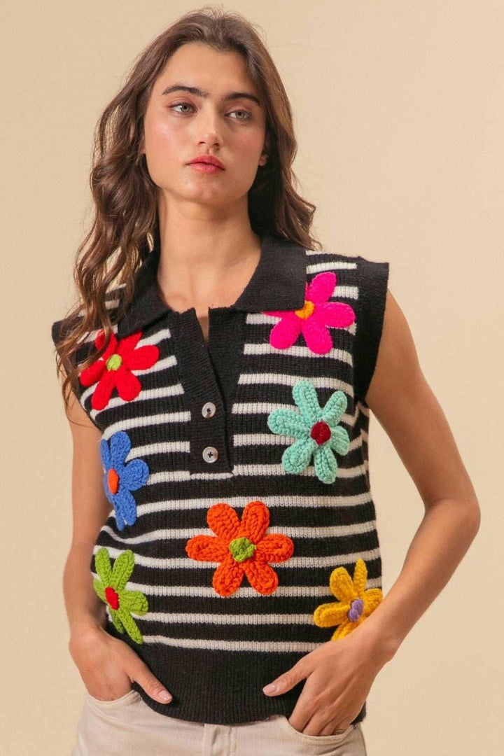 BiBi Flower Patch Striped Half Button Sweater Vest - The Rogue Daisy