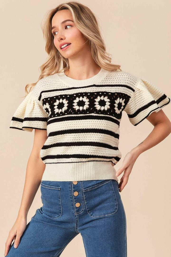 BiBi Granny Square Short Sleeve Striped Sweater - The Rogue Daisy