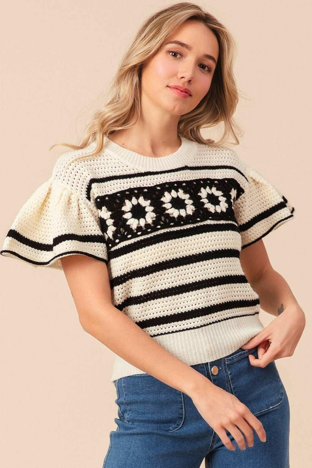 BiBi Granny Square Short Sleeve Striped Sweater - The Rogue Daisy