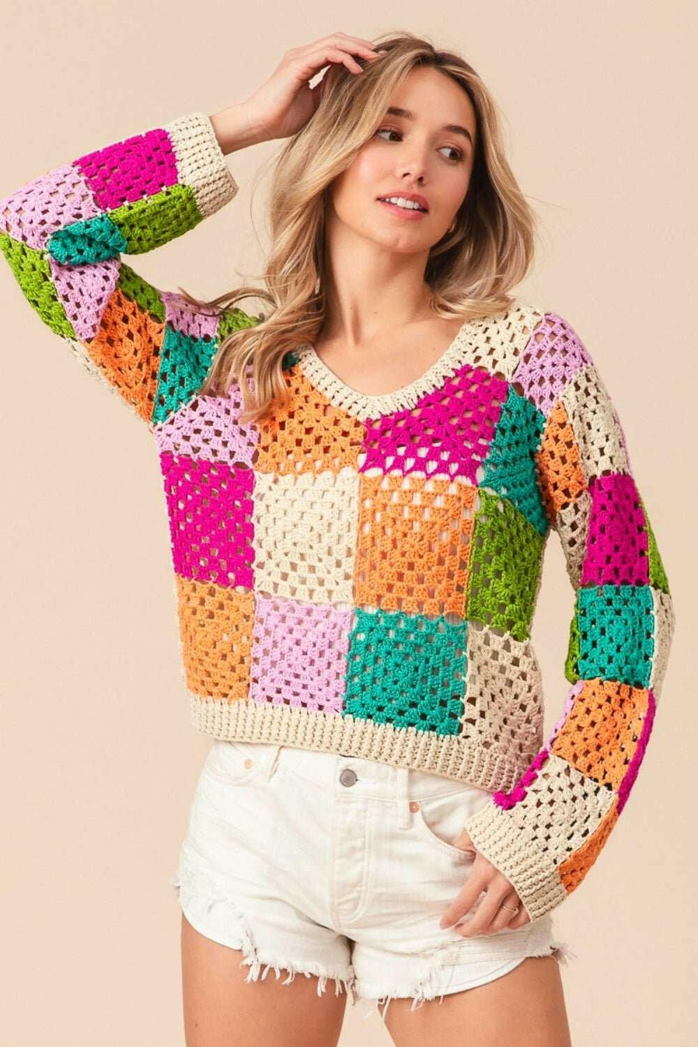 BiBi Multi Color Checkered Long Sleeve Knit Top - The Rogue Daisy