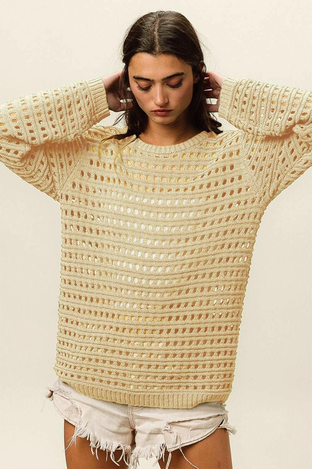 BiBi Round Neck Openwork Knit Top - The Rogue Daisy