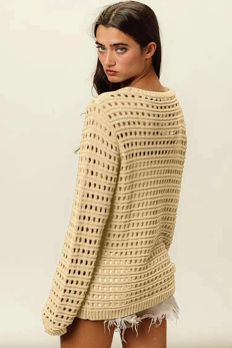 BiBi Round Neck Openwork Knit Top - The Rogue Daisy