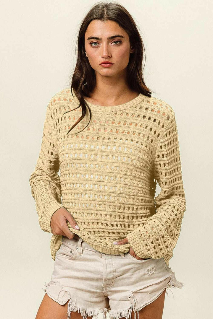 BiBi Round Neck Openwork Knit Top - The Rogue Daisy