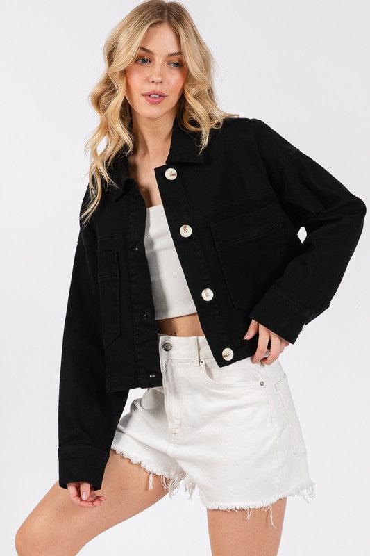 Big Button Cropped Denim Jacket