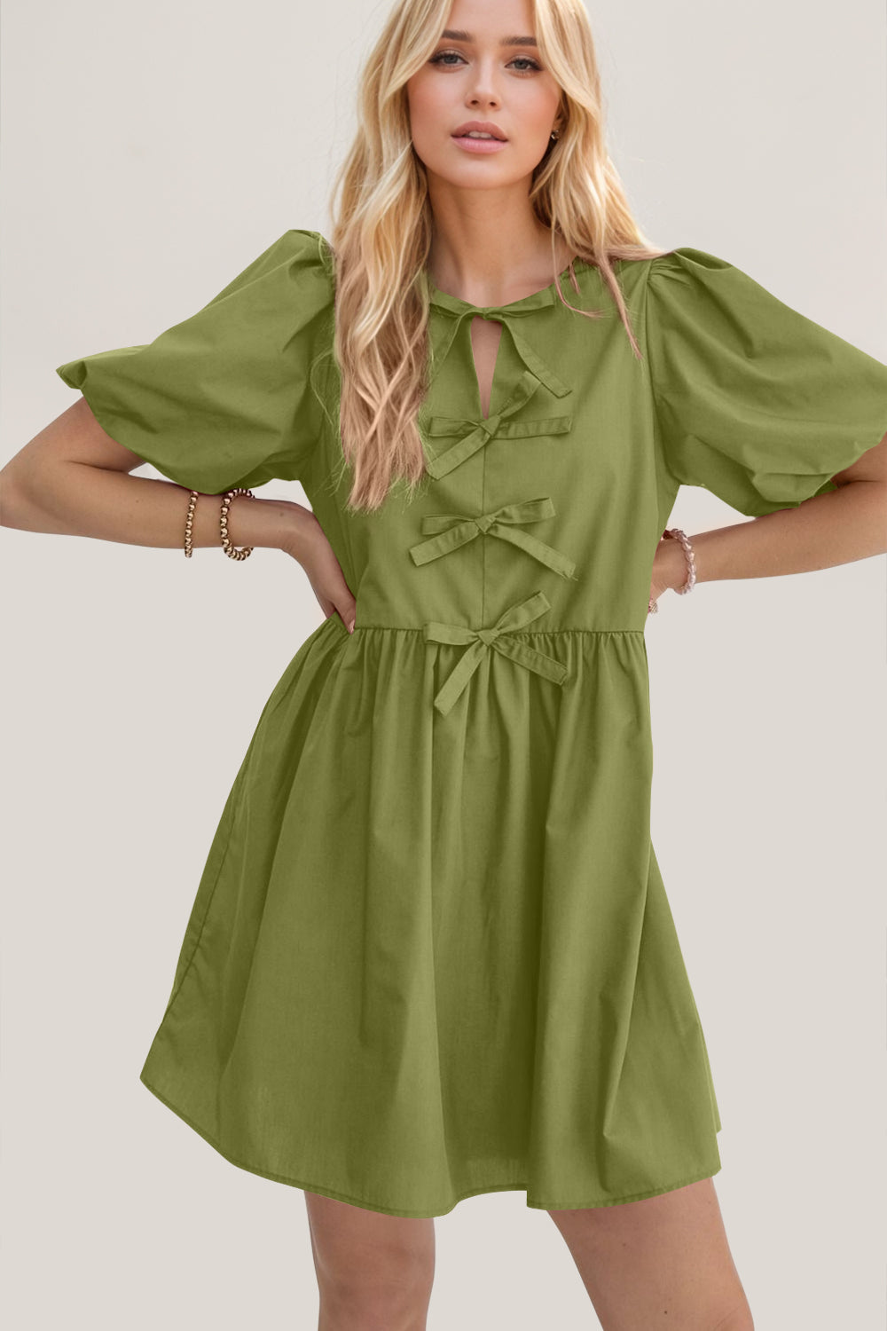 Oh Bow Ruched Puff Sleeve Mini Dress