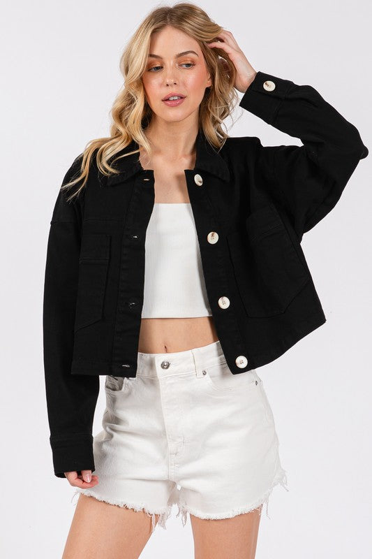 Big Button Cropped Denim Jacket