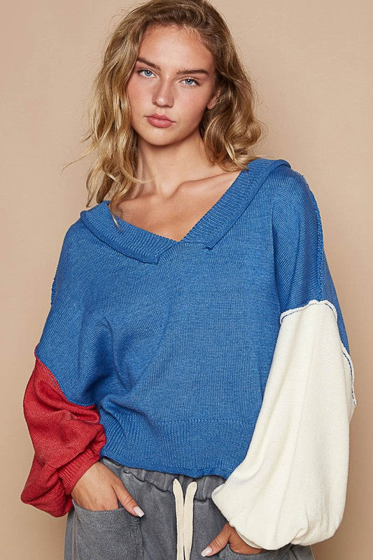 Color Block Lantern Sleeve Sweater