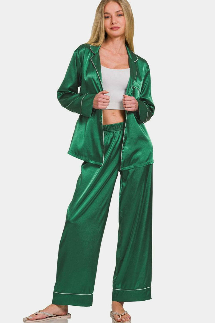 Classic Satin Pajama Set (Pants and Button Up Shirt) with Piping and Chest Pocket in Hunter Green - The Rogue Daisy