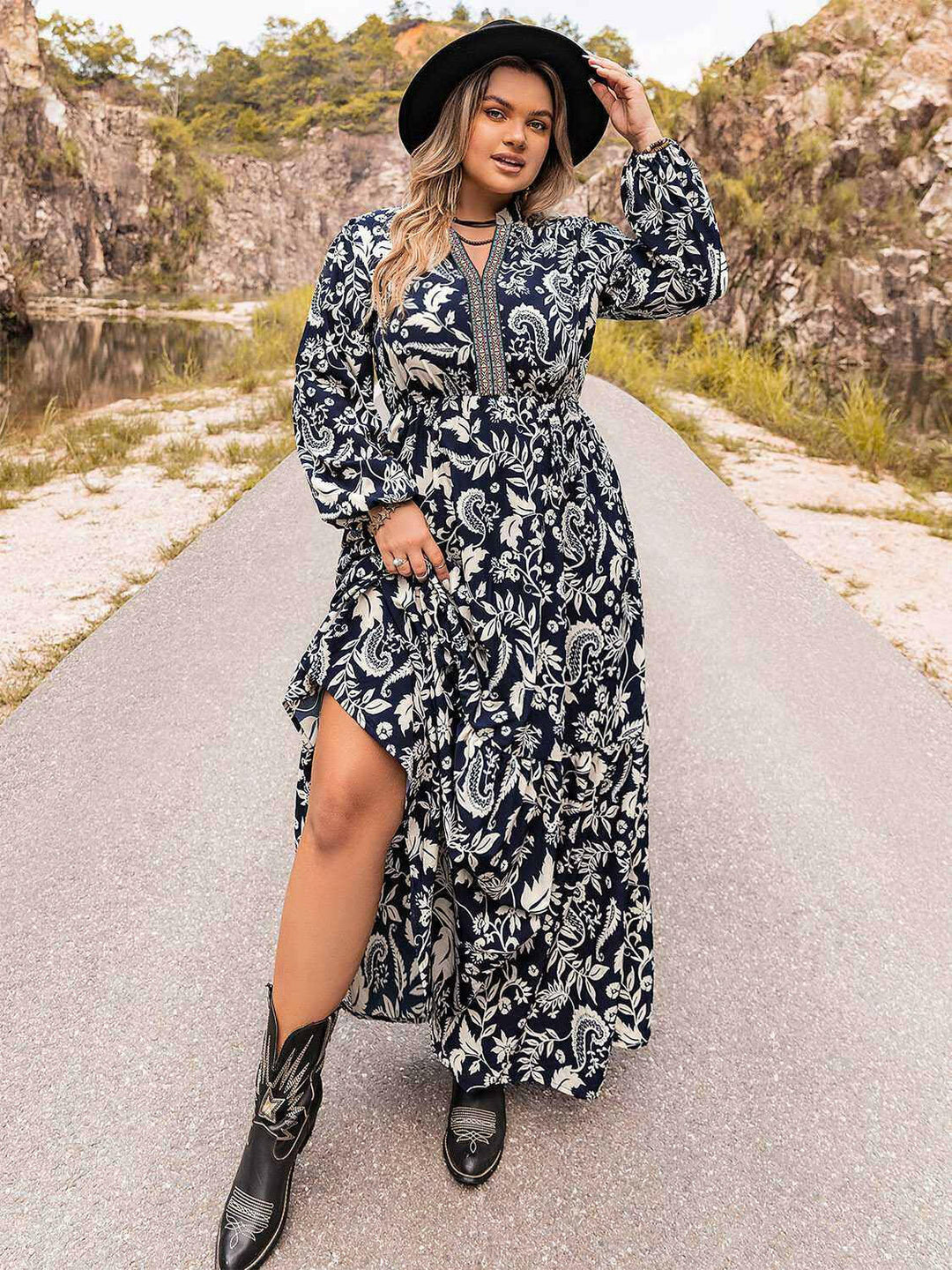 Western Whispers Long Sleeve Maxi Dress - Plus Size