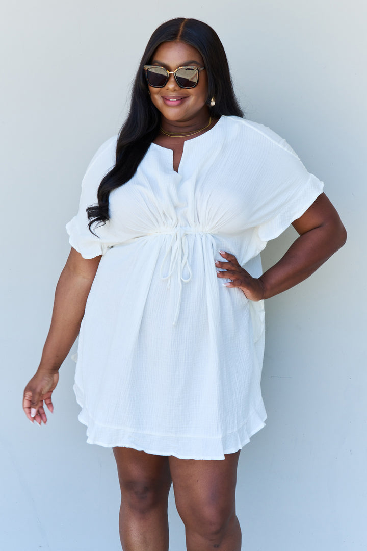 Cotton Ruffle Mini Dress with Drawstring Waist