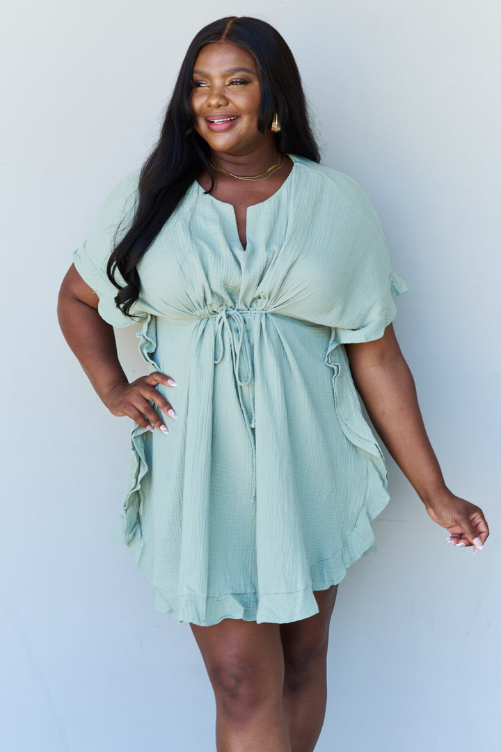 Cotton Ruffle Mini Dress with Drawstring Waist