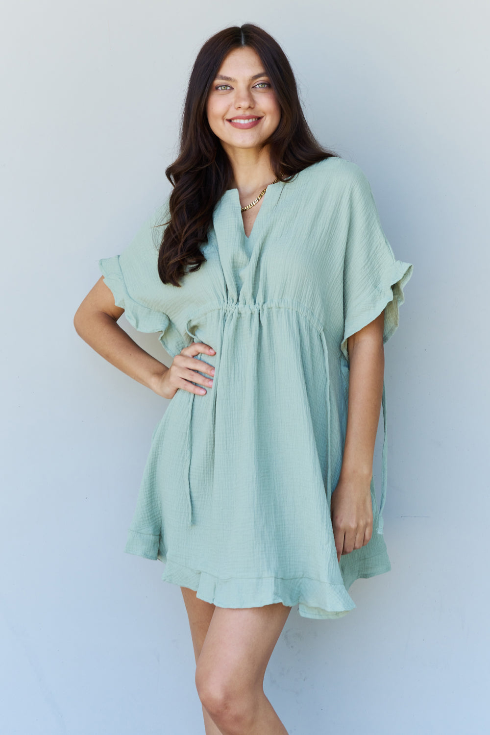 Cotton Ruffle Mini Dress with Drawstring Waist