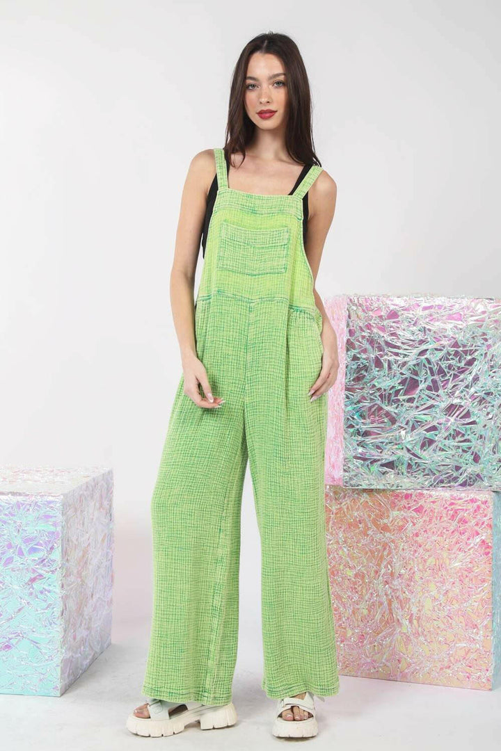 Texture Washed Wide Leg Overalls - Lime Green - The Rogue Daisy