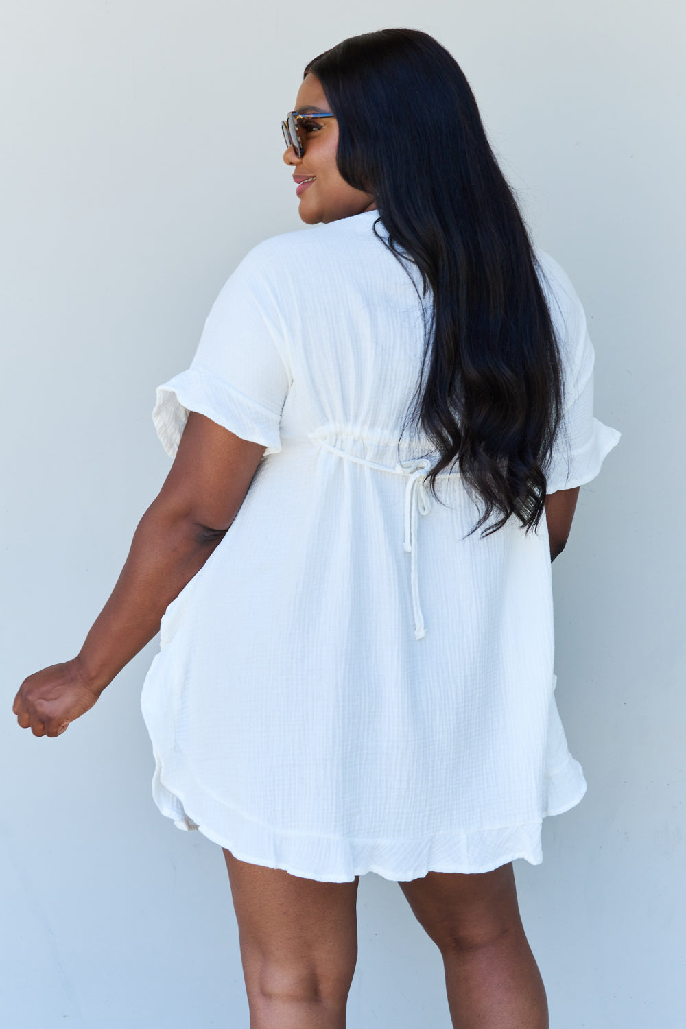 Cotton Ruffle Mini Dress with Drawstring Waist