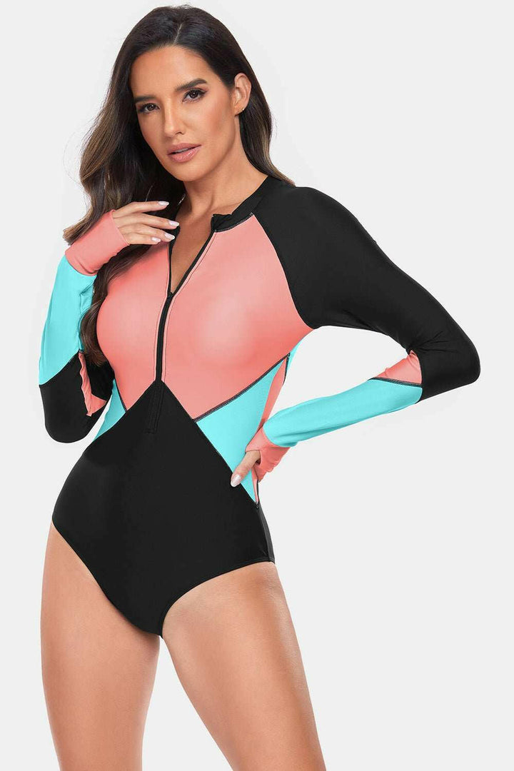 Color Block Half Zip Long Sleeve One - Piece Swimwear - The Rogue Daisy