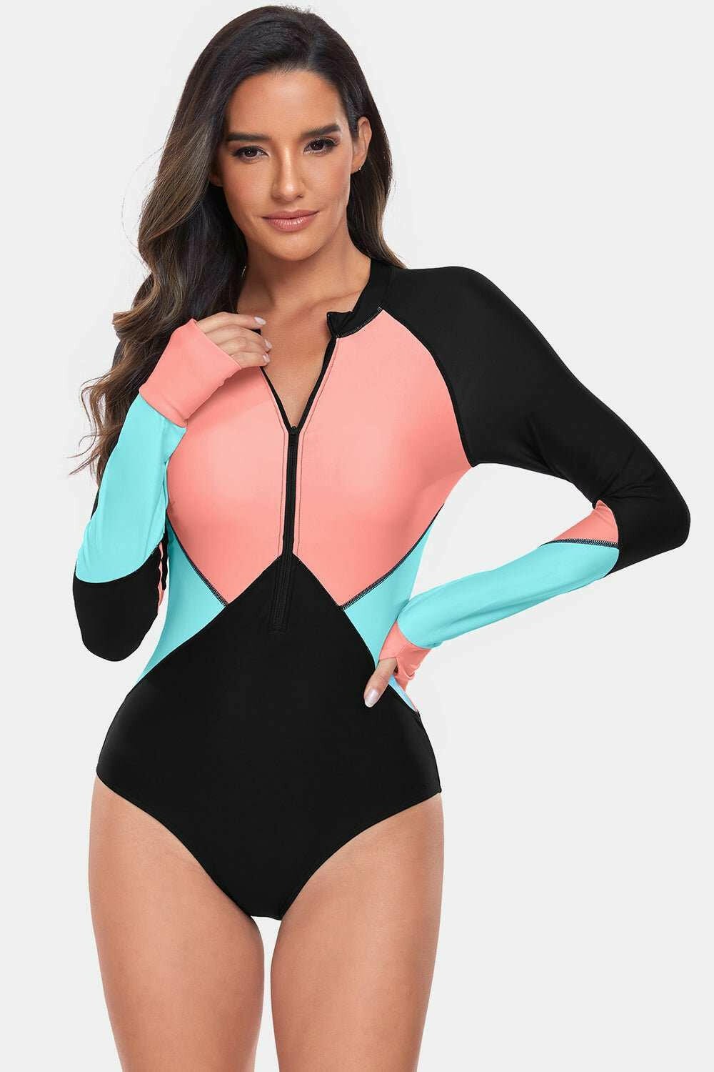 Color Block Half Zip Long Sleeve One - Piece Swimwear - The Rogue Daisy