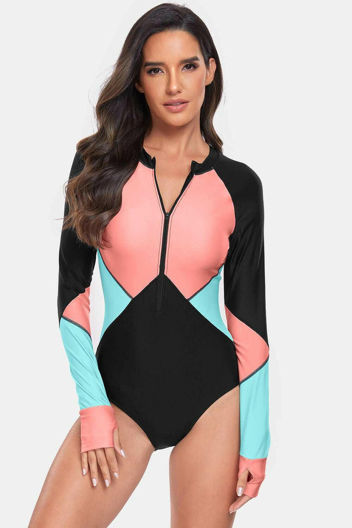 Color Block Half Zip Long Sleeve One - Piece Swimwear - The Rogue Daisy