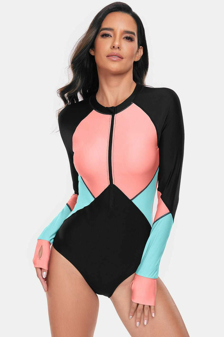 Color Block Half Zip Long Sleeve One - Piece Swimwear - The Rogue Daisy