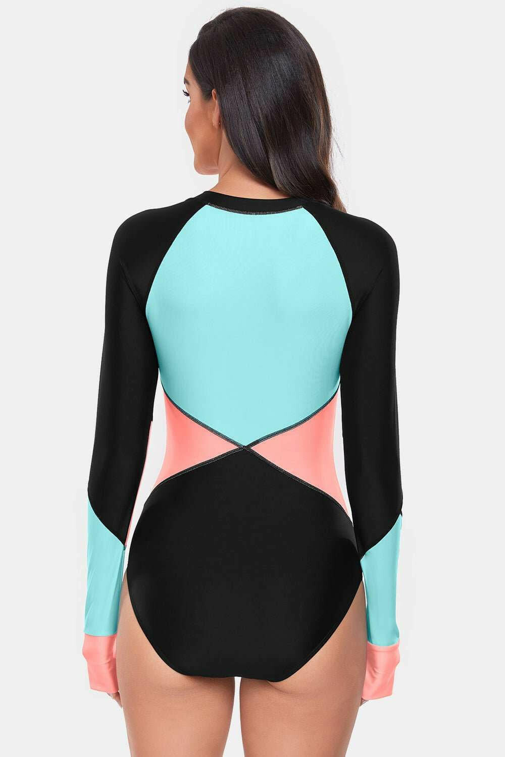 Color Block Half Zip Long Sleeve One - Piece Swimwear - The Rogue Daisy