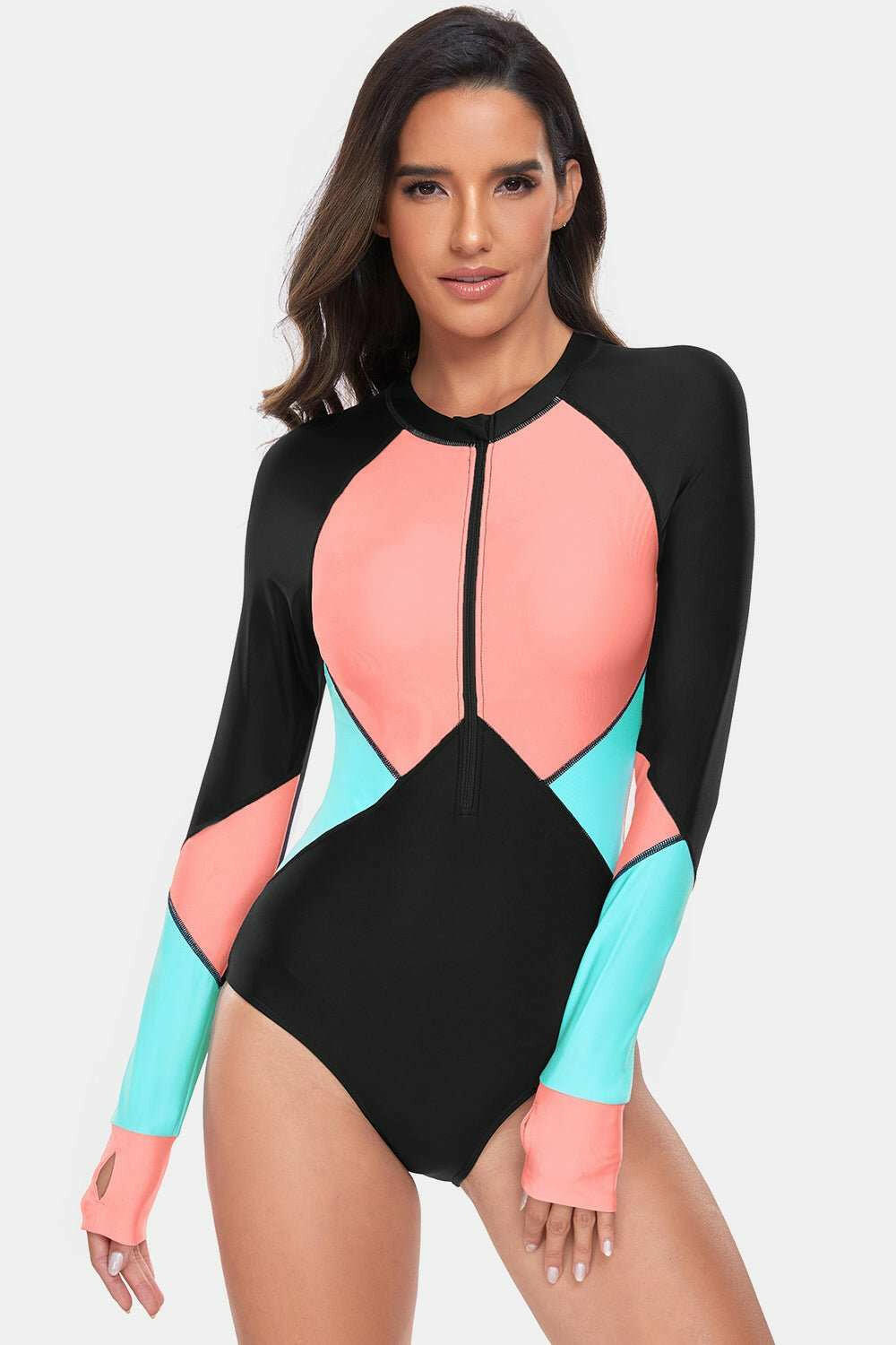 Color Block Half Zip Long Sleeve One - Piece Swimwear - The Rogue Daisy