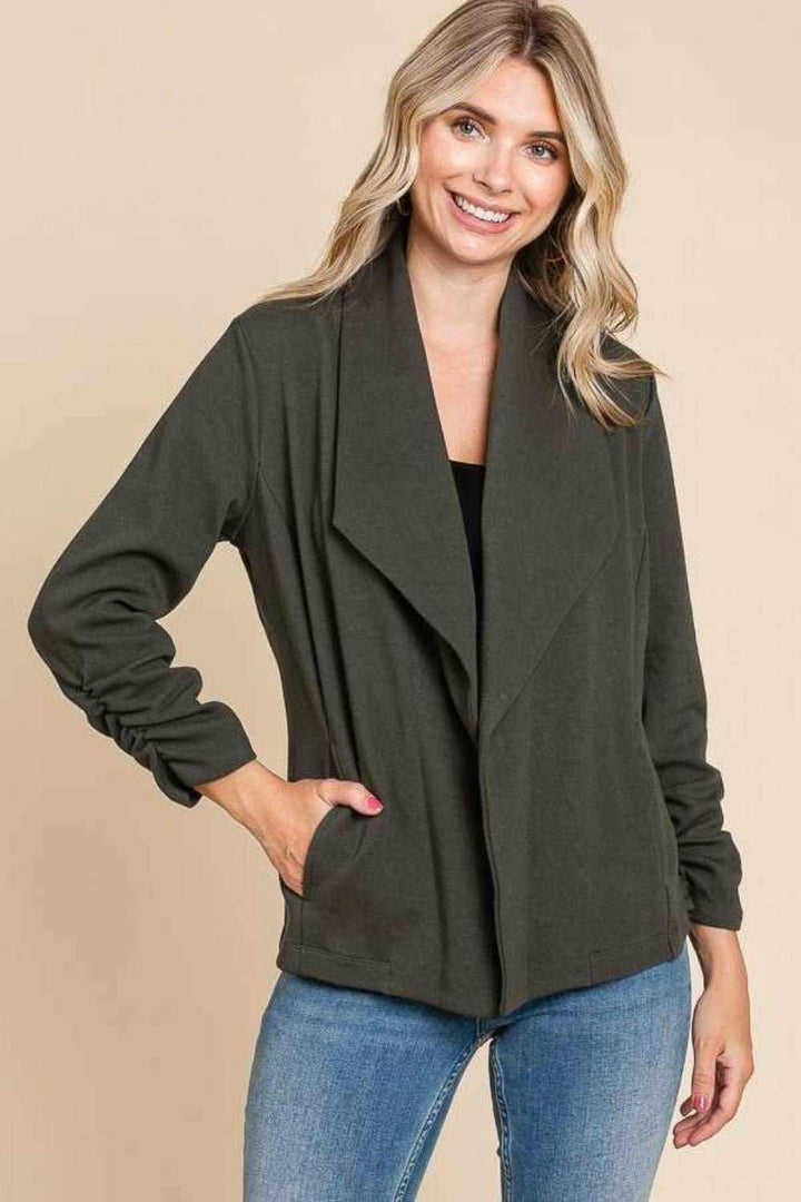 Ruched Open Front Casual Blazer - Full Size - The Rogue Daisy