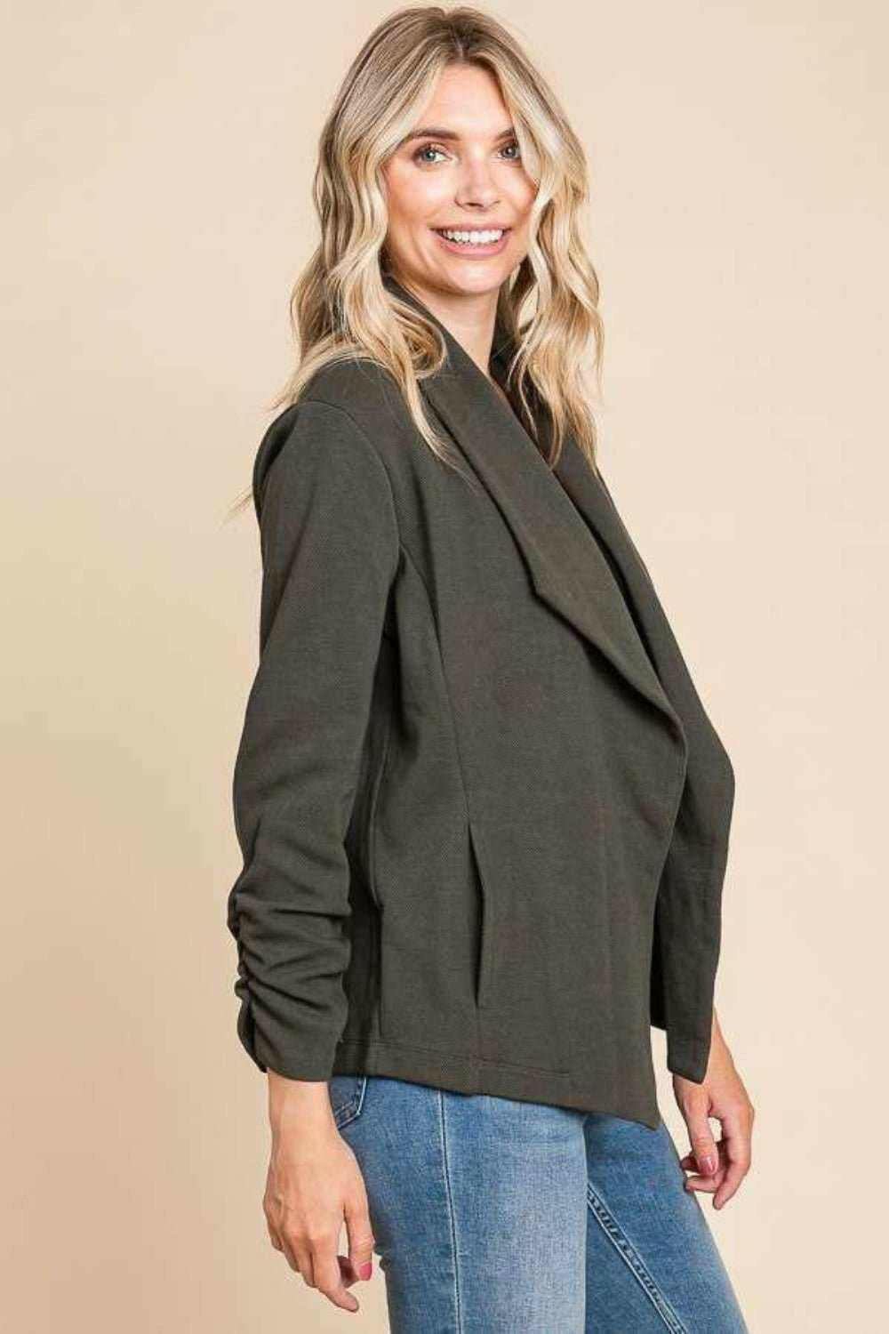 Ruched Open Front Casual Blazer - Full Size - The Rogue Daisy