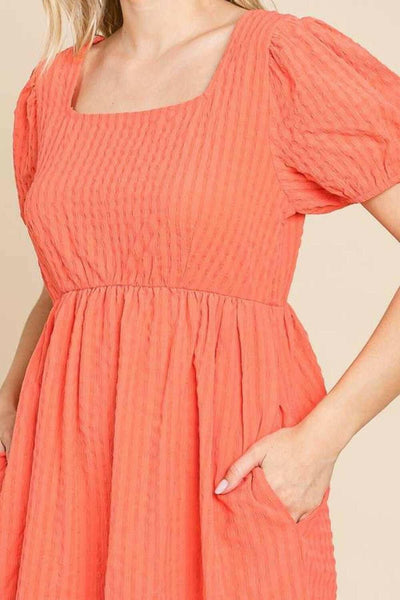 Tangerine Textured Puff Sleeve Mini Dress - The Rogue Daisy